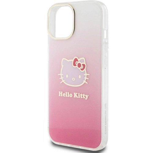 Apple iPhone 15 (6.1) Kılıf Hello Kitty Orjinal Lisanslı Yazı ve İkonik Logolu Elektroplating Kaplama Gradyan Kapak - Pembe