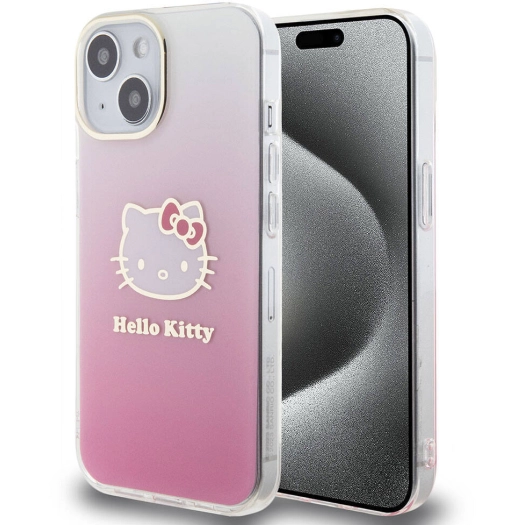 Apple iPhone 15 (6.1) Kılıf Hello Kitty Orjinal Lisanslı Yazı ve İkonik Logolu Elektroplating Kaplama Gradyan Kapak - Pembe