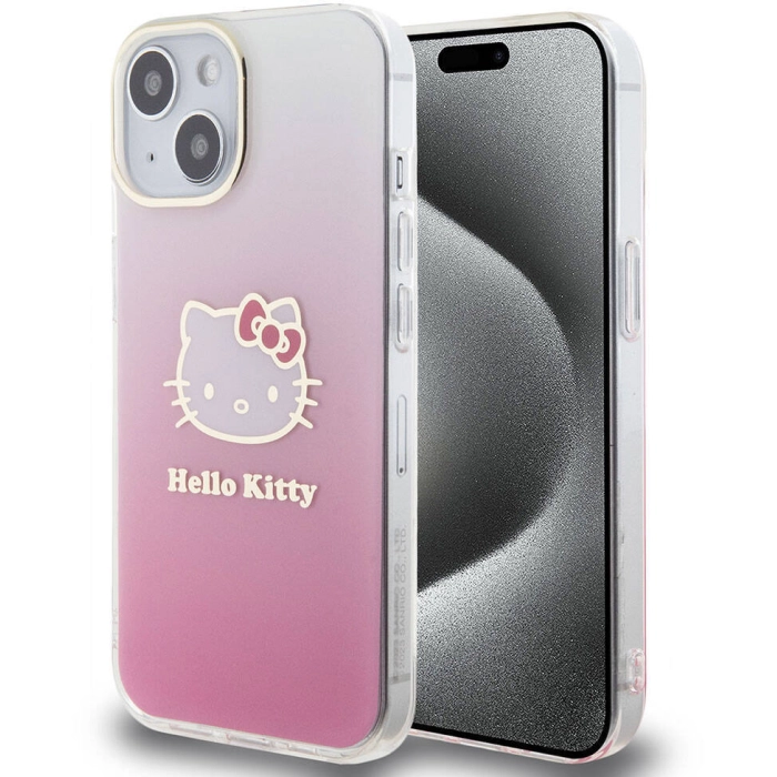 Apple iPhone 15 (6.1) Kılıf Hello Kitty Orjinal Lisanslı Yazı ve İkonik Logolu Elektroplating Kaplama Gradyan Kapak - Pembe