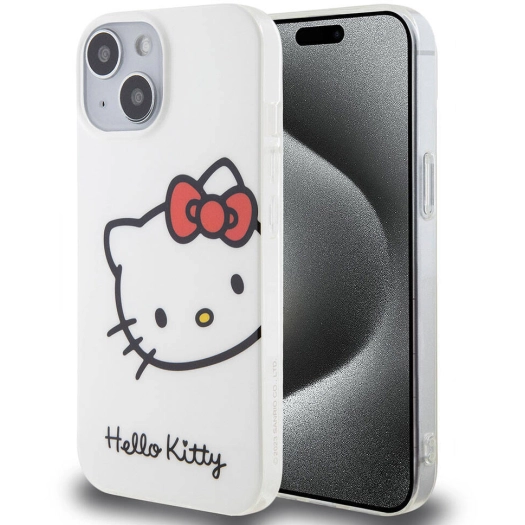 Apple iPhone 15 (6.1) Kılıf Hello Kitty Orjinal Lisanslı Yazı ve İkonik Logolu Kitty Head Kapak - Beyaz
