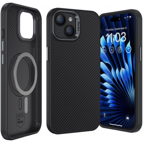Apple iPhone 15 Kılıf Karbon Fiber Magsafe Şarj Özellikli Benks Hybrid ArmorPro 600D Kevlar Kapak - Siyah