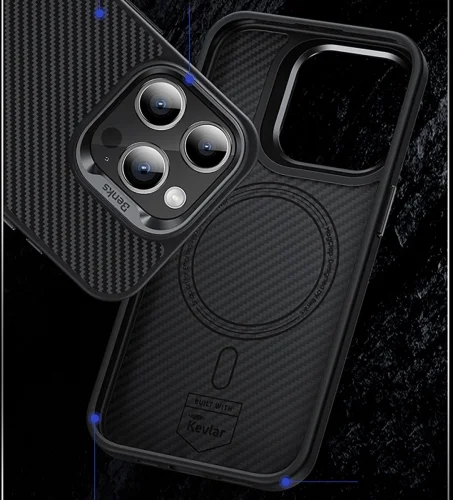 Apple iPhone 15 Kılıf Karbon Fiber Magsafe Şarj Özellikli Benks Hybrid ArmorPro 600D Kevlar Kapak - Siyah
