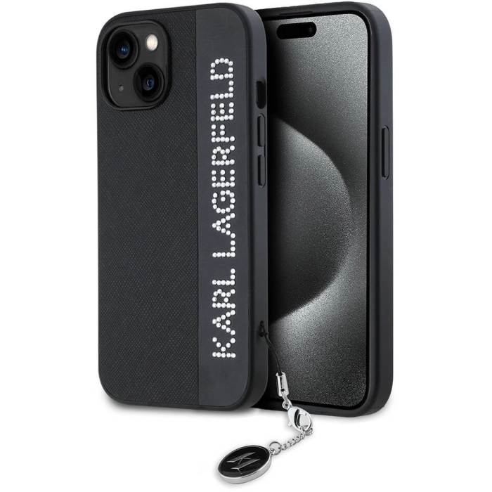 Apple iPhone 15 (6.1) Kılıf Karl Lagerfeld Orjinal Lisanslı Anahtarlıklı Taşlı KL Yazılı Saffiano Rhinestones Kapak - Siyah