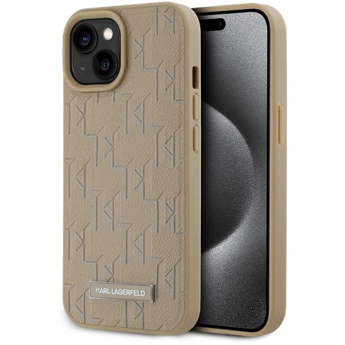 Apple iPhone 15 (6.1) Kılıf Karl Lagerfeld Orjinal Lisanslı Magsafe Şarj Özellikli KL Yazılı Hot Stamp Kapak - Krem