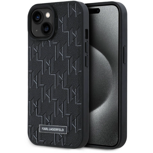 Apple iPhone 15 (6.1) Kılıf Karl Lagerfeld Orjinal Lisanslı Magsafe Şarj Özellikli KL Yazılı Hot Stamp Kapak - Siyah