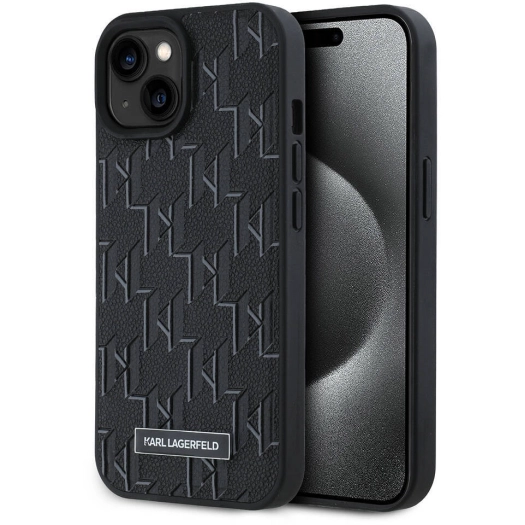 Apple iPhone 15 (6.1) Kılıf Karl Lagerfeld Orjinal Lisanslı Magsafe Şarj Özellikli KL Yazılı Hot Stamp Kapak - Siyah