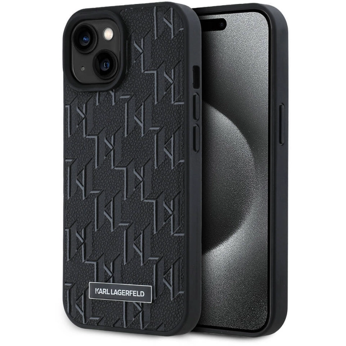 Apple iPhone 15 (6.1) Kılıf Karl Lagerfeld Orjinal Lisanslı Magsafe Şarj Özellikli KL Yazılı Hot Stamp Kapak - Siyah