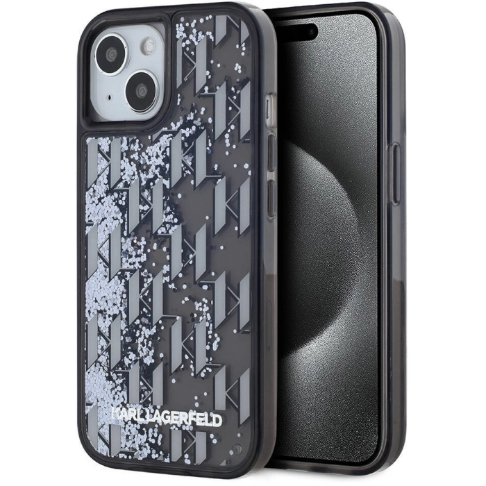 Apple iPhone 15 (6.1) Kılıf Karl Lagerfeld Orjinal Lisanslı Simli KL Yazılı Monogram Gradıent Kapak - Siyah