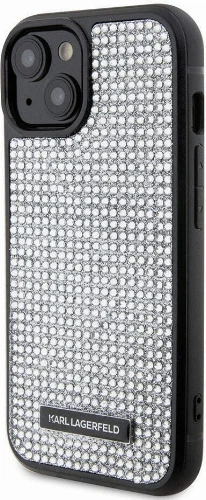 Apple iPhone 15 (6.1) Kılıf Karl Lagerfeld Taşlı Metal Logo Orjinal Lisanslı Kapak - Gümüş