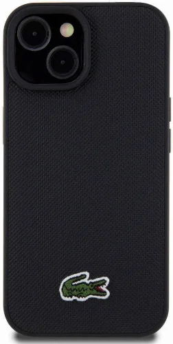 Apple iPhone 15 Kılıf Lacoste Orjinal Lisanslı PU Pike Desenli Arka Yüzey İkonik Timsah Dokuma Logolu Kapak - Siyah
