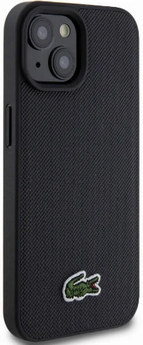 Apple iPhone 15 Kılıf Lacoste Orjinal Lisanslı PU Pike Desenli Arka Yüzey İkonik Timsah Dokuma Logolu Kapak - Siyah