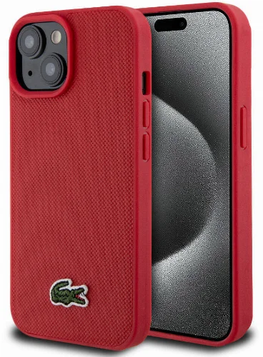 Apple iPhone 15 Kılıf Lacoste Orjinal Lisanslı PU Pike Desenli Arka Yüzey İkonik Timsah Dokuma Logolu Kapak - Kırmızı
