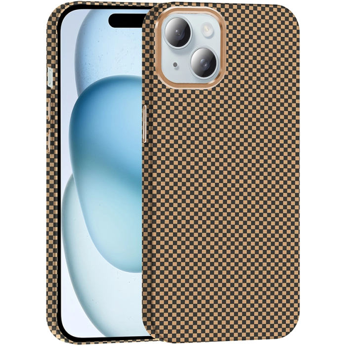 Apple iPhone 15 (6.1) ile Uyumlu Kılıf MagSafe Şarj Özellikli Karbon Fiber Görünümlü Gros Kapak - Desert Titanyum