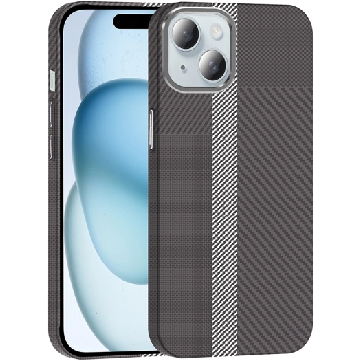 Apple iPhone 15 (6.1) ile Uyumlu Kılıf MagSafe Şarj Özellikli Karbon Fiber Görünümlü Gros Kapak - Gri-Siyah