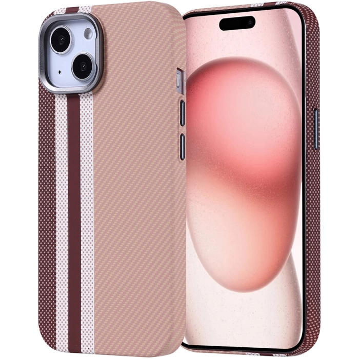 Apple iPhone 15 (6.1) Kılıf Magsafe Şarj Özellikli Karbon Fiber Görünümlü Zore Nekst Kapak - Gold