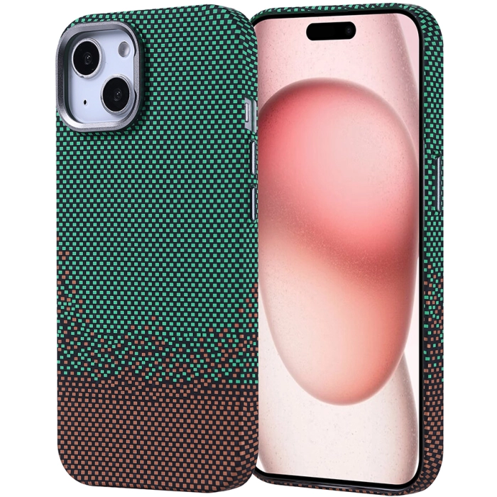 Apple iPhone 15 (6.1) Kılıf Magsafe Şarj Özellikli Karbon Fiber Görünümlü Zore Nekst Kapak - Yeşil