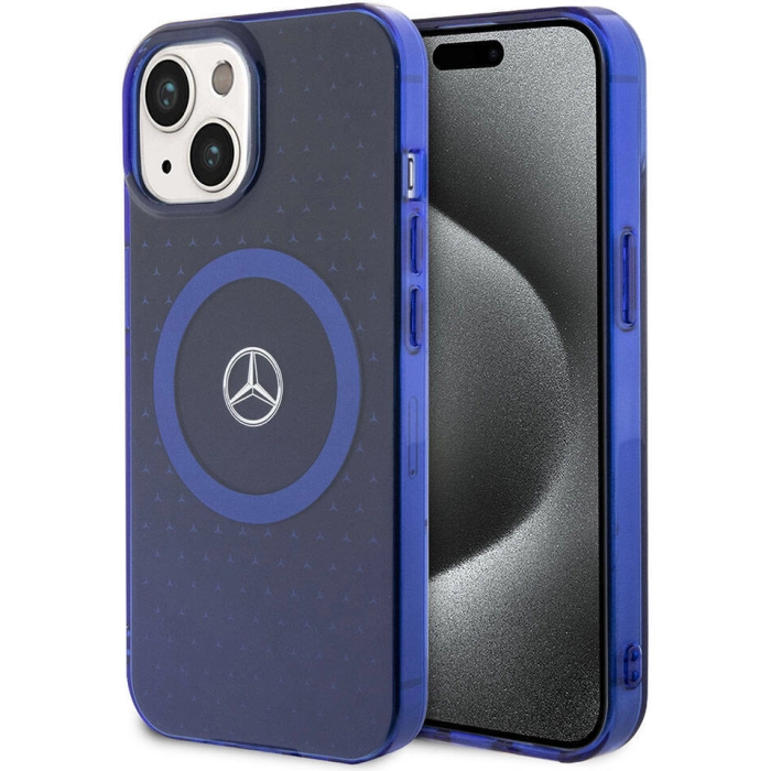 Apple iPhone 15 (6.1) Kılıf Mercedes Benz Orjinal Lisanslı Magsafe Şarj Özellikli Çift Katmanlı Mavi Yıldız Desenli Kapak - Mavi