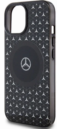 Apple iPhone 15 (6.1) Kılıf Mercedes Benz Orjinal Lisanslı Magsafe Şarj Özellikli Çift Katmanlı Mini Yıldız Desenli Kapak - Siyah