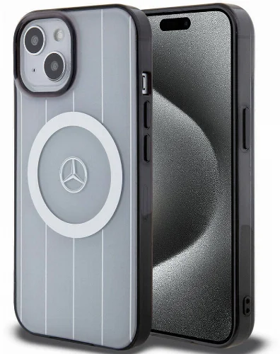 Apple iPhone 15 (6.1) Kılıf Mercedes Benz Orjinal Lisanslı Magsafe Şarj Özellikli Çift Katmanlı Paralel Çizgi Desenli Kapak - Siyah