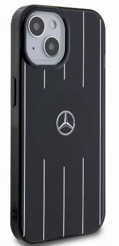 Apple iPhone 15 (6.1) Kılıf Mercedes Benz Orjinal Lisanslı Magsafe Şarj Özellikli Çift Katmanlı Paralel Çizgi Desenli Kapak - Beyaz