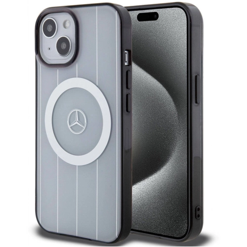 Apple iPhone 15 (6.1) Kılıf Mercedes Benz Orjinal Lisanslı Magsafe Şarj Özellikli Çift Katmanlı Paralel Çizgi Desenli Kapak - Beyaz