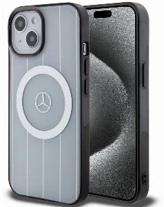 Apple iPhone 15 (6.1) Kılıf Mercedes Benz Orjinal Lisanslı Magsafe Şarj Özellikli Çift Katmanlı Paralel Çizgi Desenli Kapak - Beyaz