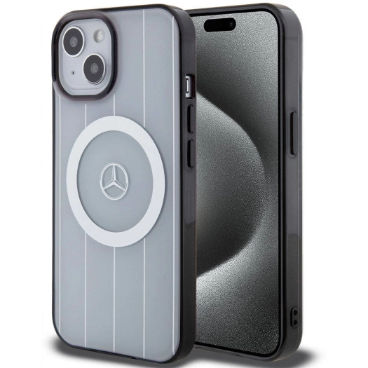 Apple iPhone 15 (6.1) Kılıf Mercedes Benz Orjinal Lisanslı Magsafe Şarj Özellikli Çift Katmanlı Paralel Çizgi Desenli Kapak - Beyaz