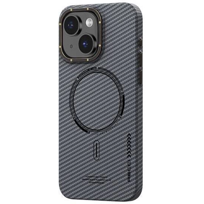 Apple iPhone 15 (6.1) Kılıf Recci Machinist Serisi Magsafe Şarj Özellikli Magnetik Karbon Kapak - Gri