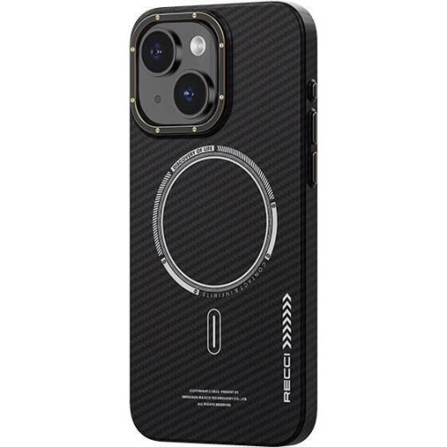 Apple iPhone 15 (6.1) Kılıf Recci Machinist Serisi Magsafe Şarj Özellikli Magnetik Karbon Kapak - Siyah