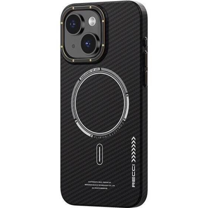 Apple iPhone 15 (6.1) Kılıf Recci Machinist Serisi Magsafe Şarj Özellikli Magnetik Karbon Kapak - Siyah