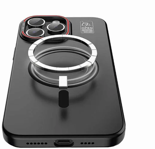 Apple iPhone 15 (6.1) Kılıf Recci Magnetic Glass Serisi Standlı Magsafe Şarj Özellikli Kapak - Siyah
