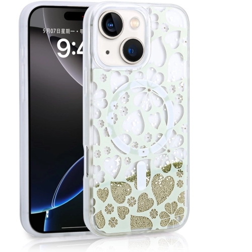 Apple iPhone 15 (6.1) Kılıf Sıvılı Simli Baskılı Şeffaf Arka Yüzey Zore Mossa Silikon Kapak - Gold