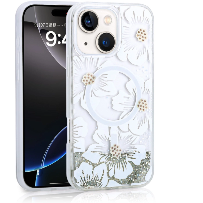 Apple iPhone 15 (6.1) Kılıf Sıvılı Simli Baskılı Şeffaf Arka Yüzey Zore Mossa Silikon Kapak - Gri