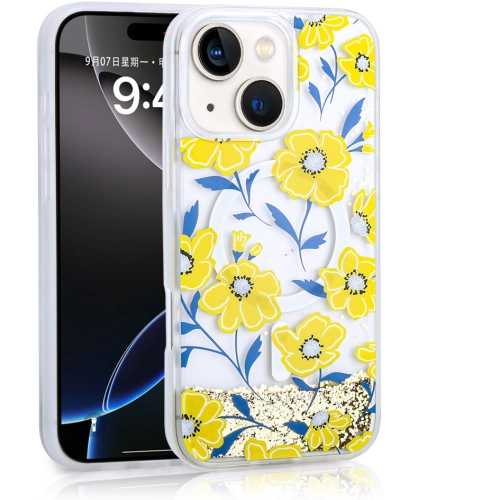 Apple iPhone 15 (6.1) Kılıf Sıvılı Simli Baskılı Şeffaf Arka Yüzey Zore Mossa Silikon Kapak - Sarı