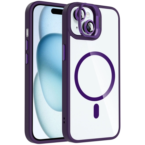 Apple iPhone 15 (6.1) Kılıf Standlı ve Kamera Lens Hediyeli M-Safe Şarj Özellikli Etro Kapak - Derin Mor