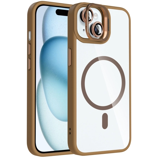 Apple iPhone 15 (6.1) Kılıf Standlı ve Kamera Lens Hediyeli M-Safe Şarj Özellikli Etro Kapak - Desert Titanyum