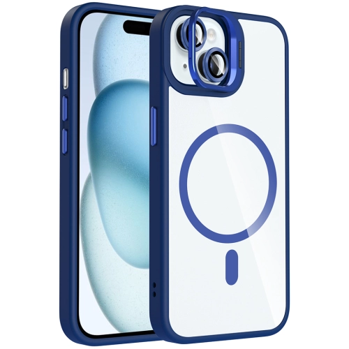 Apple iPhone 15 (6.1) Kılıf Standlı ve Kamera Lens Hediyeli M-Safe Şarj Özellikli Etro Kapak - Lacivert