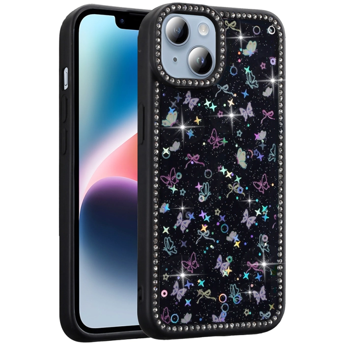 Apple iPhone 15 (6.1) Kılıf Taşlı ve Simli Tasarım Lux Işıltılı Azra Kapak - Siyah