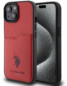 Apple iPhone 15 (6.1) Kılıf U.S. Polo Assn. Orjinal Lisanslı Baskı Logolu PU Kartlıklı Kapak - Kırmızı