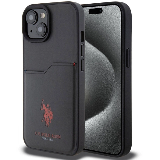 Apple iPhone 15 (6.1) Kılıf U.S. Polo Assn. Orjinal Lisanslı Baskı Logolu PU Kartlıklı Kapak - Siyah