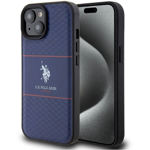 Apple iPhone 15 (6.1) Kılıf U.S. Polo Assn. Orjinal Lisanslı Deri Şeritli Logo Dizayn Kapak - Lacivert