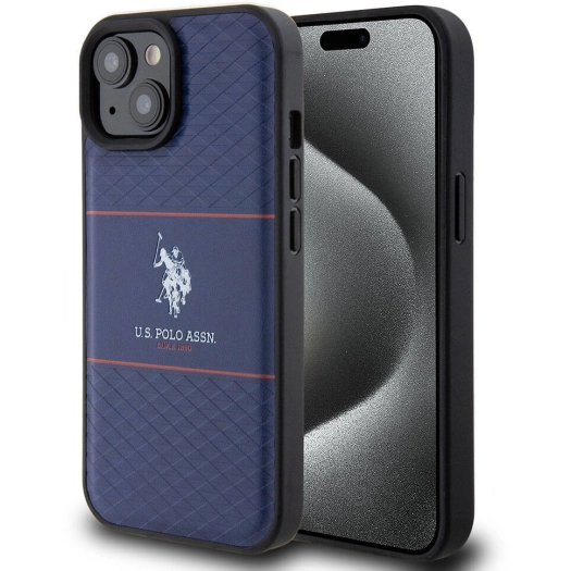 Apple iPhone 15 (6.1) Kılıf U.S. Polo Assn. Orjinal Lisanslı Deri Şeritli Logo Dizayn Kapak - Lacivert