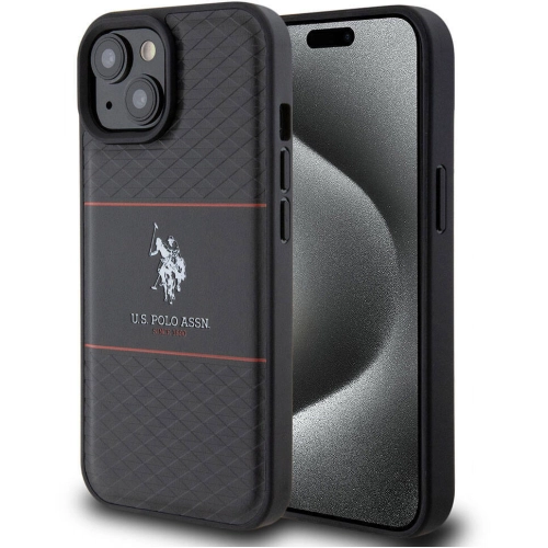 Apple iPhone 15 (6.1) Kılıf U.S. Polo Assn. Orjinal Lisanslı Deri Şeritli Logo Dizayn Kapak - Siyah