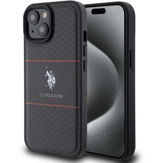 Apple iPhone 15 (6.1) Kılıf U.S. Polo Assn. Orjinal Lisanslı Deri Şeritli Logo Dizayn Kapak - Siyah