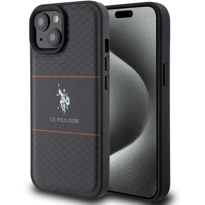 Apple iPhone 15 (6.1) Kılıf U.S. Polo Assn. Orjinal Lisanslı Deri Şeritli Logo Dizayn Kapak - Siyah
