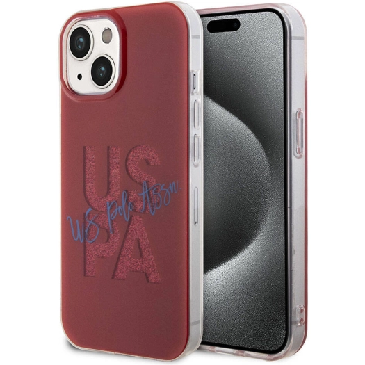 Apple iPhone 15 (6.1) Kılıf U.S. Polo Assn. Orjinal Lisanslı Simli Parlak Alfabe Tasarım Kapak - Kırmızı