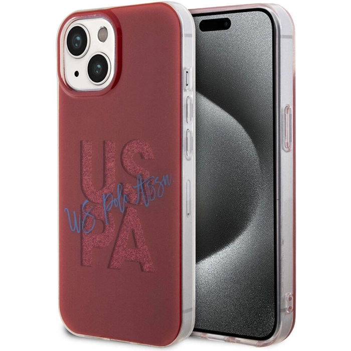 Apple iPhone 15 (6.1) Kılıf U.S. Polo Assn. Orjinal Lisanslı Simli Parlak Alfabe Tasarım Kapak - Kırmızı