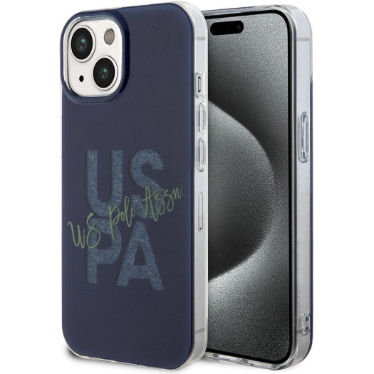 Apple iPhone 15 (6.1) Kılıf U.S. Polo Assn. Orjinal Lisanslı Simli Parlak Alfabe Tasarım Kapak - Lacivert