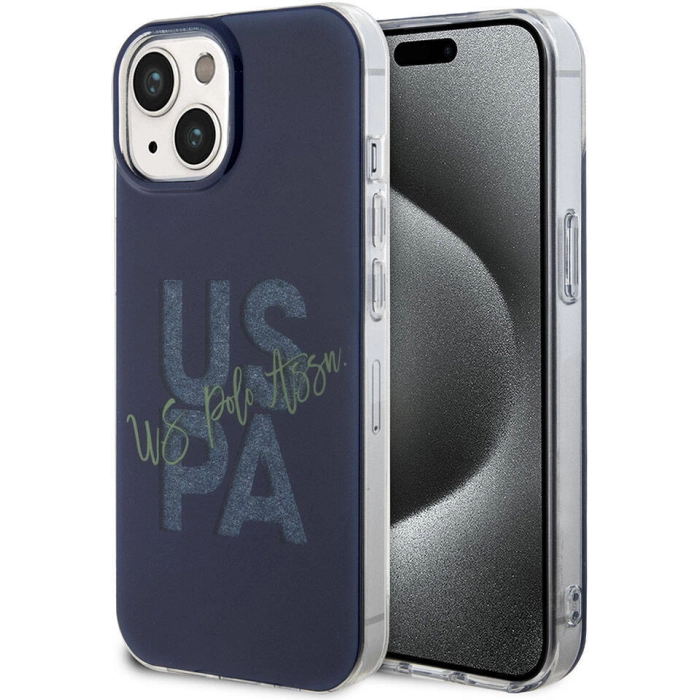 Apple iPhone 15 (6.1) Kılıf U.S. Polo Assn. Orjinal Lisanslı Simli Parlak Alfabe Tasarım Kapak - Lacivert