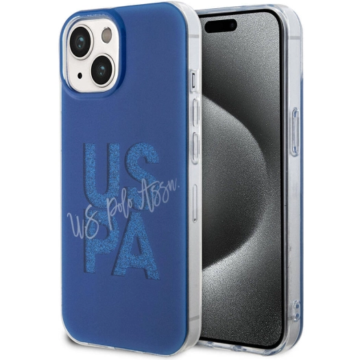 Apple iPhone 15 (6.1) Kılıf U.S. Polo Assn. Orjinal Lisanslı Simli Parlak Alfabe Tasarım Kapak - Mavi